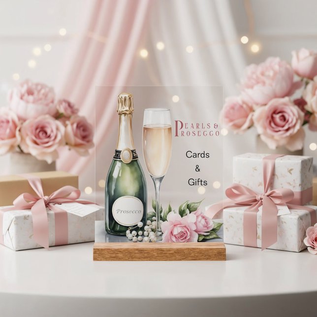 Panneau En Acrylique Cartes et Cadeaux de Réception de Mariage Perles e (Front view pearls and prosecco bridal shower prosecco bar champagne bottle cards and gifts sign)