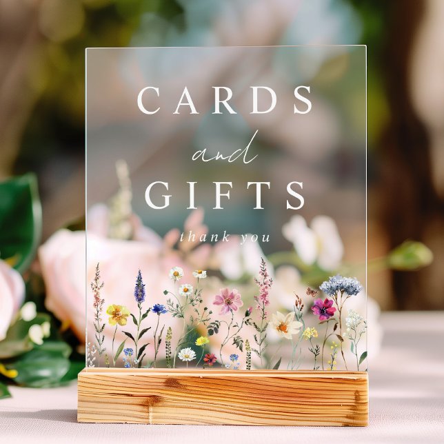 Panneau En Acrylique Cartes et cadeaux Fleurs sauvages élégants (Please note: The wooden stand does not come with the sign. Zazzle sells a wood block stand.)