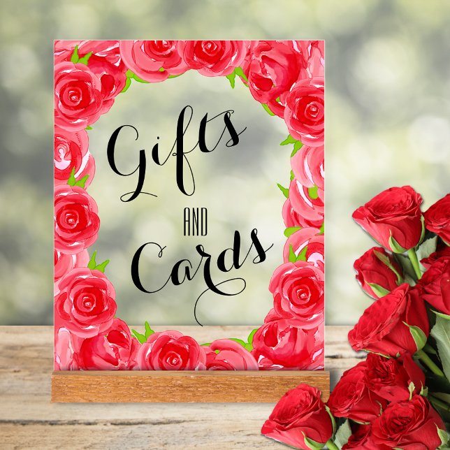 Panneau En Acrylique Cartes et Fêtes des mariées de cadeaux Red Roses (Red roses bridal shower Cards and Gifts tabletop acrylic sign)