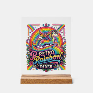 Panneau En Acrylique Cavalier Licorne Arc-en-Ciel Rétro