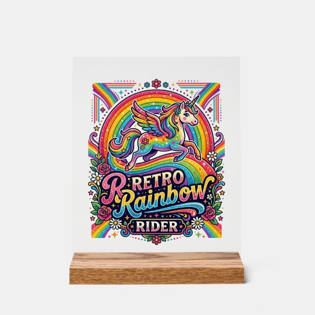 Panneau En Acrylique Cavalier Licorne Arc-en-Ciel Rétro (Recto)