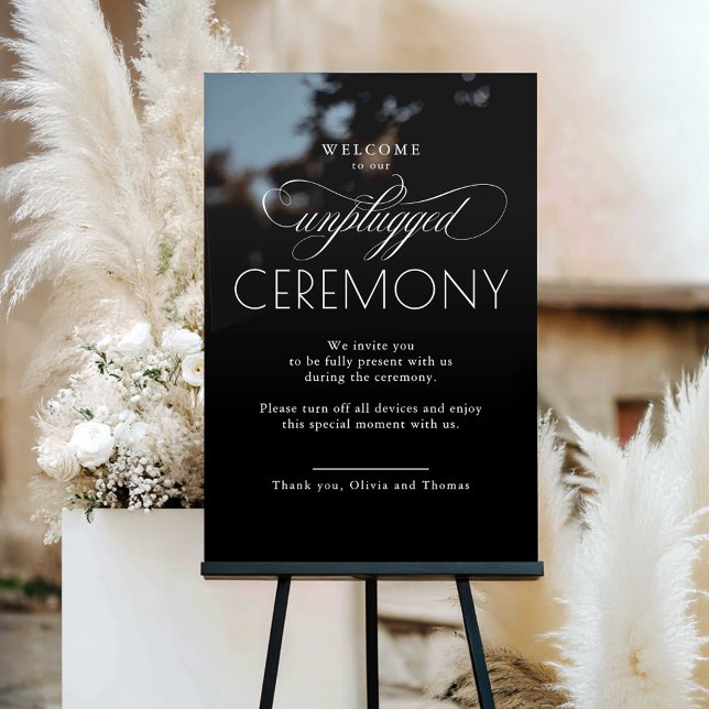 Panneau En Acrylique Cérémonie de débranchement du script moderne noir (Unplugged Ceremony Black Modern Wedding Acrylic Sign)