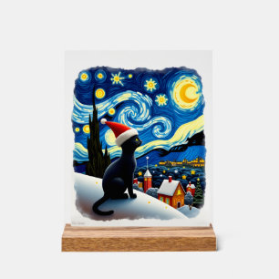 Panneau En Acrylique Chapeau de Santa Chaton Noir de Noël Festif Nuit É