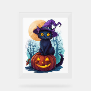 Panneau En Acrylique Chat de cuisine d'Halloween sur un Citrouille