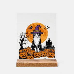 Panneau En Acrylique Chat de Halloween Sorcière Citrouille Vintage Épou