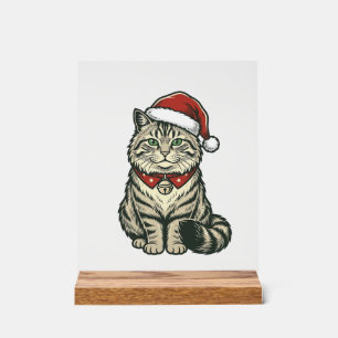 Panneau En Acrylique Chat de Noël Chapeau de Père Noël Dessin de Gravur