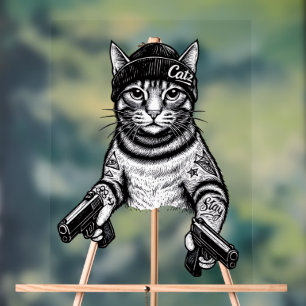 Panneau En Acrylique Chat Gangster Tatoué Art Kitty Streetwear Cool