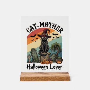 Panneau En Acrylique Chat Mère Halloween Amant Chapeau de Sorcière Noir