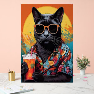 Panneau En Acrylique Chat Noir Cool en Chemise Hawaïenne Art Pop Rétro