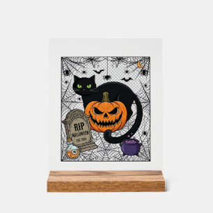 Panneau En Acrylique Chat noir d'Halloween Citrouille Pierre tombale Ch