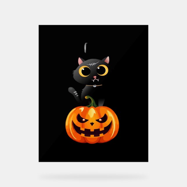 Panneau En Acrylique Chat noir Halloween Design - Art Citrouille Éffray (Recto)