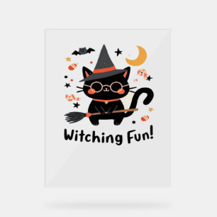 Panneau En Acrylique Chat noir sorcier amusant avec chambre - Jolie Hal