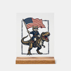 Panneau En Acrylique Chat Patriotique à Cheval sur un Dinosaure Concept