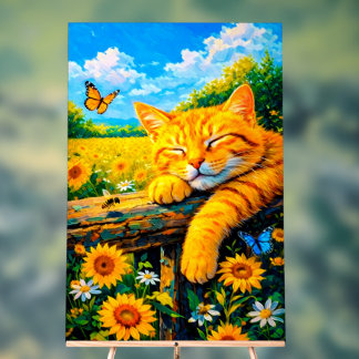 Panneau En Acrylique Chat roux dormant paisiblement sur une clôture en