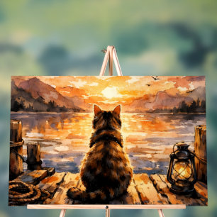 Panneau En Acrylique Chat sur le quai au coucher du soleil