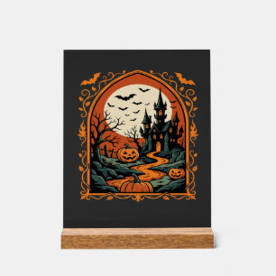 Panneau En Acrylique Château Hanté Halloween Citrouille Lune Vector Art