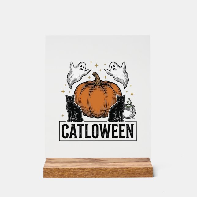 Panneau En Acrylique Chatoween Chat Noir Fantôme Halloween Conception V (Recto)