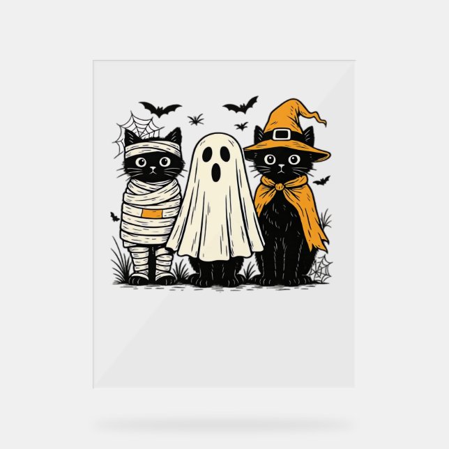 Panneau En Acrylique Chats noirs en costumes d'Halloween - Ghost, Witch (Recto)
