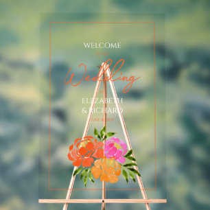 Panneau En Acrylique Chaud Mariage Bienvenue Florale Rose Orange