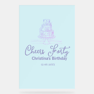 Panneau En Acrylique Cheers forty happy birthday cake blue purple name 