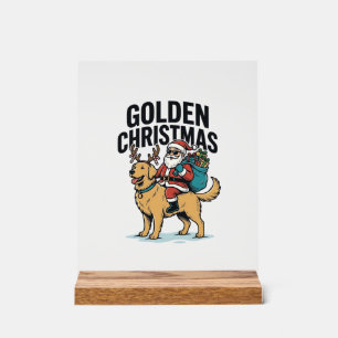 Panneau En Acrylique Chemise de Noël dorée Santa à cheval sur Retriever