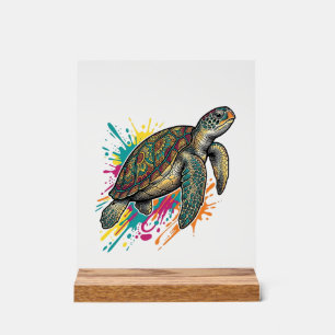 Panneau En Acrylique Chemise Vintage Gravure Tortue de Mer Color Splash