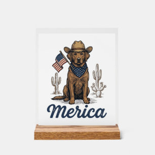 Panneau En Acrylique Chemise Vintage Merica Cowboy Chien Drapeau Améric
