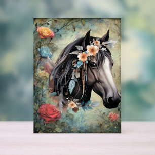 Panneau En Acrylique Cheval brun dans les fleurs.