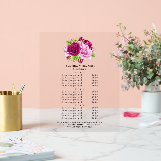 Panneau En Acrylique Chic Bourgogne et rose Roses Prix et services (Mariage)