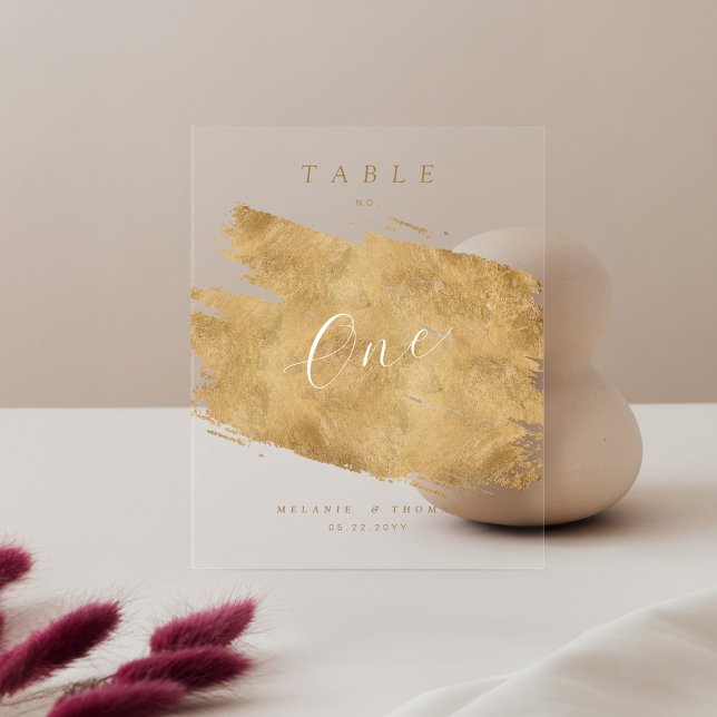 Panneau En Acrylique Chic Élégant Script Faux Gold brossé Numéro de tab (Chic Elegant Script Faux Gold Brushed Table Number Acrylic Sign)