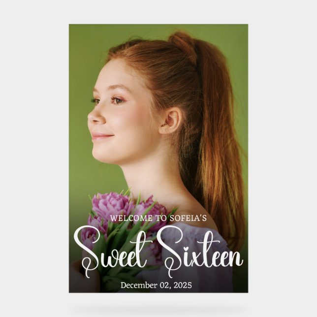 Panneau En Acrylique Chic Elegant Sweet sixteen de script blanc photo A (Recto)