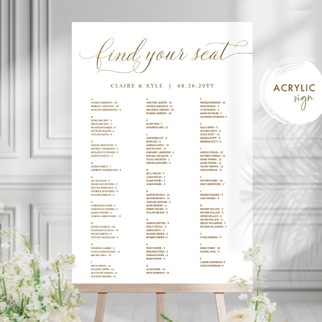 Panneau En Acrylique Chic Gold Alphabetical Seating Chart Acrylic Sign  (Créateur téléchargé)