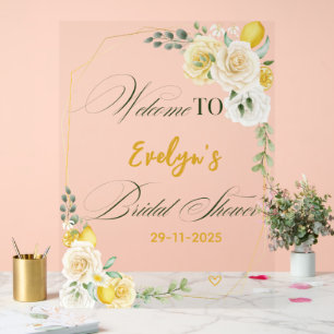Panneau En Acrylique Chic Lemon Floral Blush Fête des mariées Bienvenue
