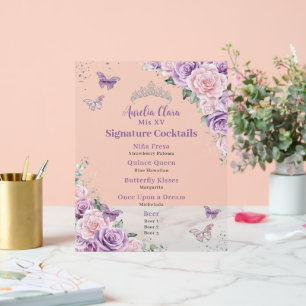 Panneau En Acrylique Chic Lilac Rose Floral Quinceanera Bar Menu Boisso