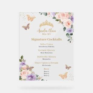 Panneau En Acrylique Chic Rose violet Floral Quinceanera Bar Menu Boiss