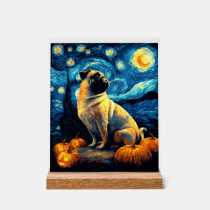 Panneau En Acrylique Chien carlin de la nuit étoilée de van gogh hallow