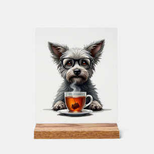 Panneau En Acrylique Chien Vintage tenant une tasse de thé avec des lun