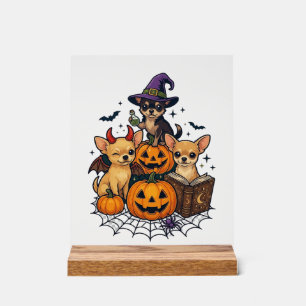 Panneau En Acrylique Chihuahuas d'Halloween Citrouilles Chapeau de Sorc