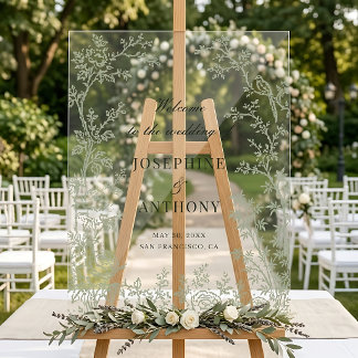 Panneau En Acrylique Chinoiserie Bienvenue Mariage Floral Vert Sauge