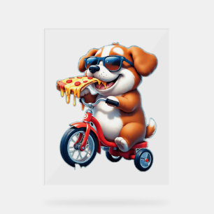 Panneau En Acrylique chiot à vélo mangeant de la pizza