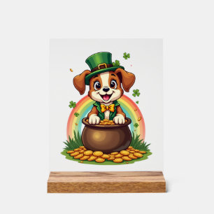 Panneau En Acrylique Chiot lutin chanceux vintage arc-en-ciel pot d'or