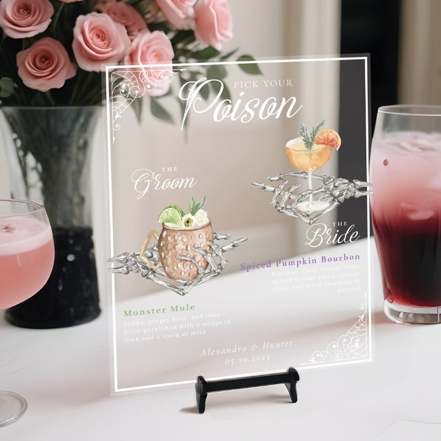 Panneau En Acrylique Choisissez votre poison Skeleton Bride & Groom Coc (Pick Your Poison Skeleton Bride & Groom Cocktails Acrylic Sign)