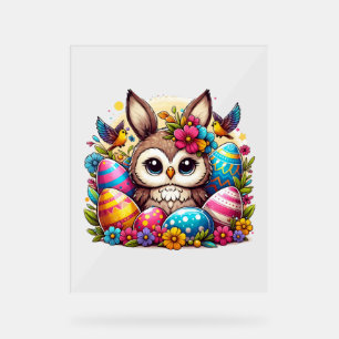 Panneau En Acrylique Chouette de Pâques aux oreilles de lapin