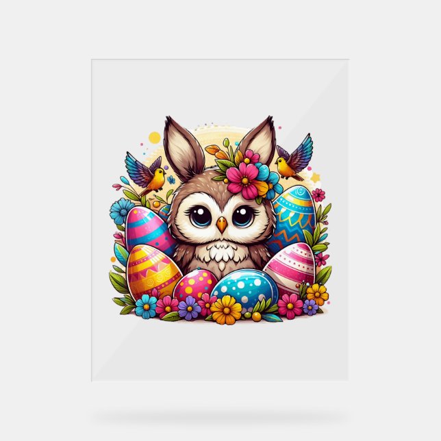 Panneau En Acrylique Chouette de Pâques aux oreilles de lapin (Recto)