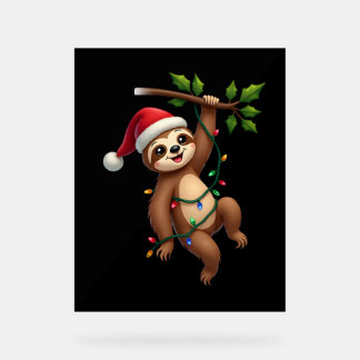 Panneau En Acrylique Christmas Lights Sloth Wearing Xmas Hat - Sloth Lo