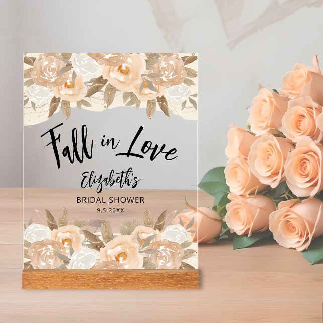 Panneau En Acrylique Chute dans l'amour Fête des mariées des fleurs de  (Fall in Love bridal shower clear acrylic sign with rustic peach flowers and leaves on top and bottom)