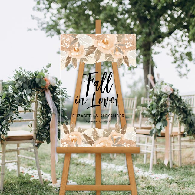 Panneau En Acrylique Chute en amour Mariage de fleurs de pêche (Fall in Love Peach Flowers Wedding Welcome Clear Acrylic Sign)