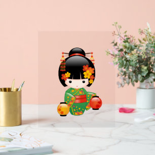 Panneau En Acrylique Chute Poupée Kokeshi - Green Kimono Geisha Girl