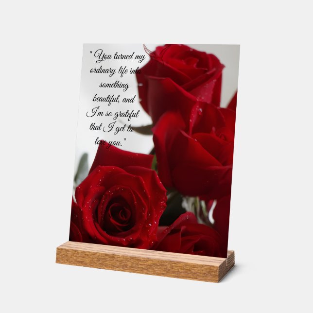 Panneau En Acrylique Citation Romantique de Roses Rouges (Angle)