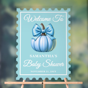 Panneau En Acrylique Citrouille Bleu Bow Postage Baby shower Bienvenue
